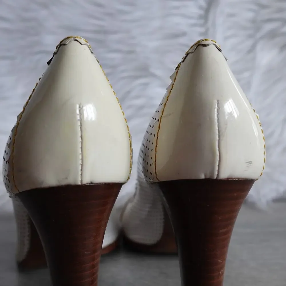 Fendi White and Cream Patent Leather Peep-Toe Heels